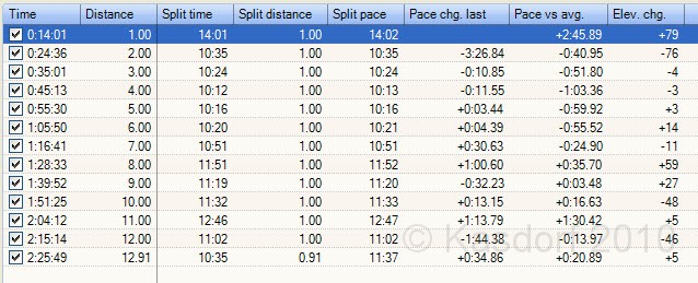 Woodstock 2010 Splits 1.jpg - The Woodstock Half Marathon September 25, 2010. The splits according to the Garmin and Sport Tracks. Look at mile 1! Sucks due to the huge pile up when the group entered the woods and just stood there for four minutes.